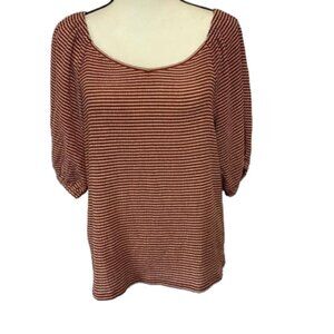 NWT Loft Rust/White Striped Stretchy Scoop Neck 3/4 Sleeve Top Size L #0999